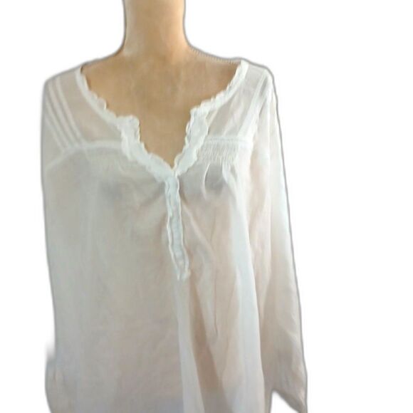 DKNY Jeans White Peasant Blouse 22/24W 100% Cotton Pintuck Ruffle Boho Top 31” - Picture 3 of 6